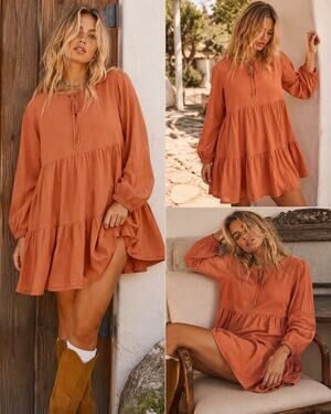 Boho Cottagecore Mini Dress Womens Size 6 Rust Balloon Sleeve Festival Indie